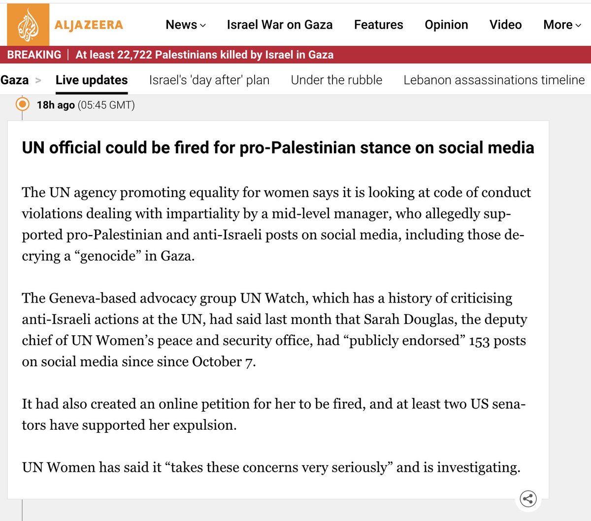 BREAKING: Al Jazeera reports that U.N. Women Deputy Sarah Douglas could be fired over her anti-Israel social media posts. aje.io/c5vdi9?update=… via @AJEnglish