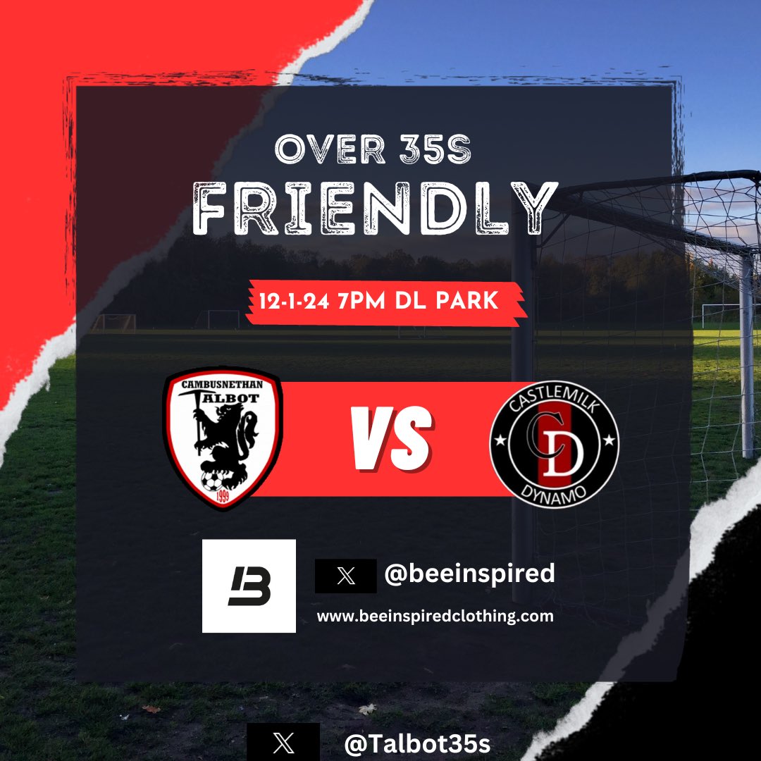 ⚽️🤝🏻 FRIENDLY 🤝🏻⚽️

First game of 2024 will see us take on <a href="/Cmilkdynamo/">Castlemilk Dynamo 35s</a> 

<a href="/centregions35s/">Football Central 35s</a>