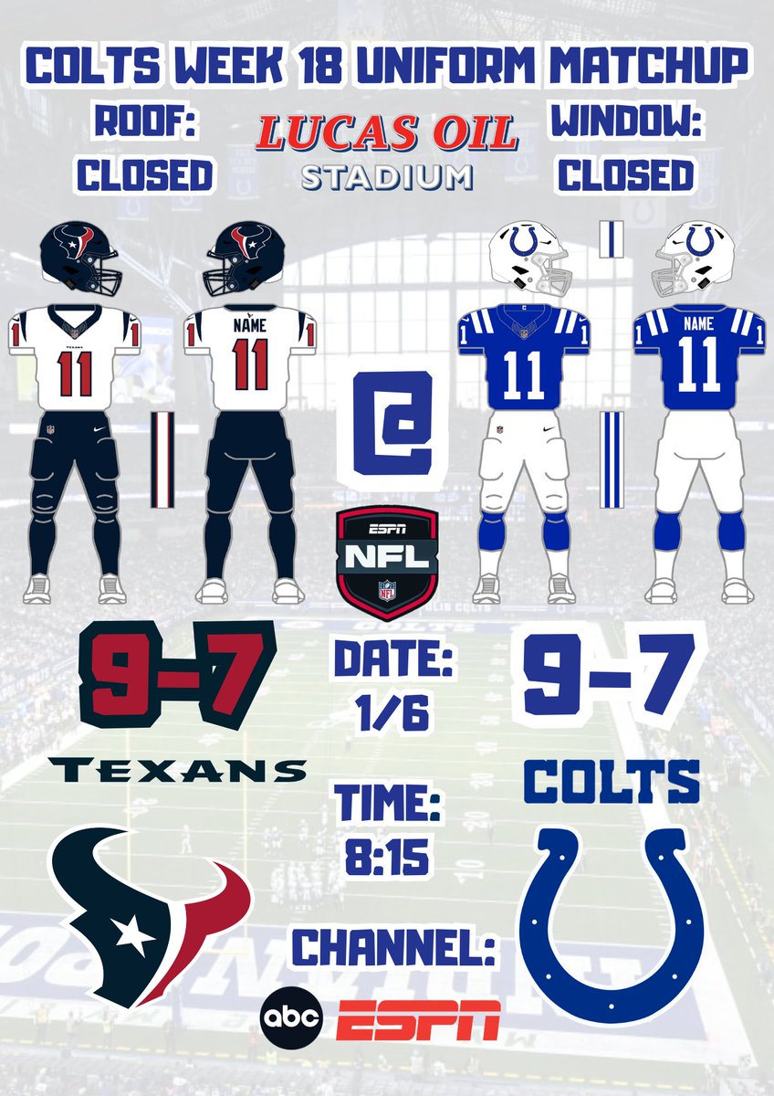 Week 18 Uniform Match-up, jersey graphics courtesy of @GridironUniform. Go Colts! #ForTheShoe #ForThePlayoffs #HOUvsIND