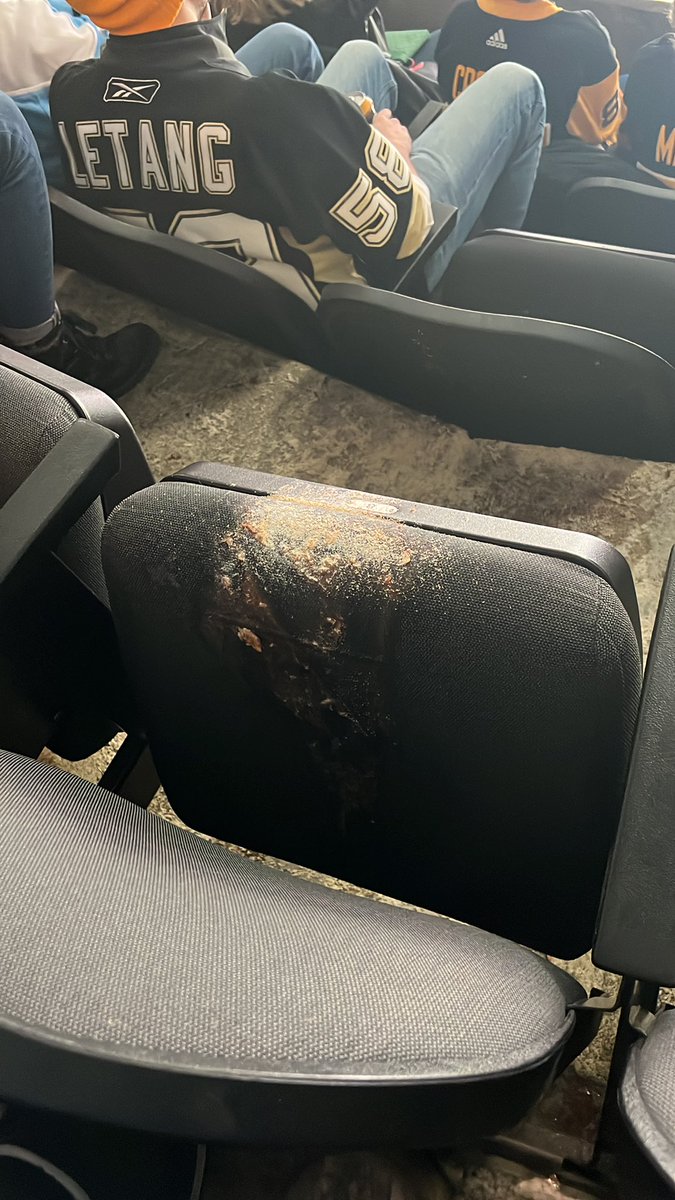 mdzern's tweet photo. @penguins puke all over the seats near us. They stink and no one will clean it https://t.co/sqbQaQP26B