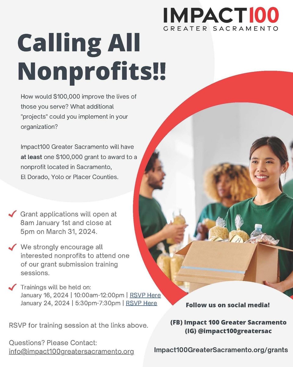 Impact100 Greater Sacramento is seeking to award $100,000 in grants to nonprofits located in Sacramento, El Dorado, Placer and Yolo Counties. 

Applications are due March 31, 2024.

🔗Application: bit.ly/3Hb7zPk