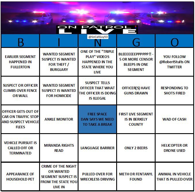 It’s Saturday night #OPNation!  And that means another #OPLBingo card, courtesy of @SoCalGuy53!  We’re 20 minutes away from another #FirstShift followed by @OfficialOPLive on @ReelzChannel!  Be there, or you’re a loser.  #OPLive #OnPatrolLive