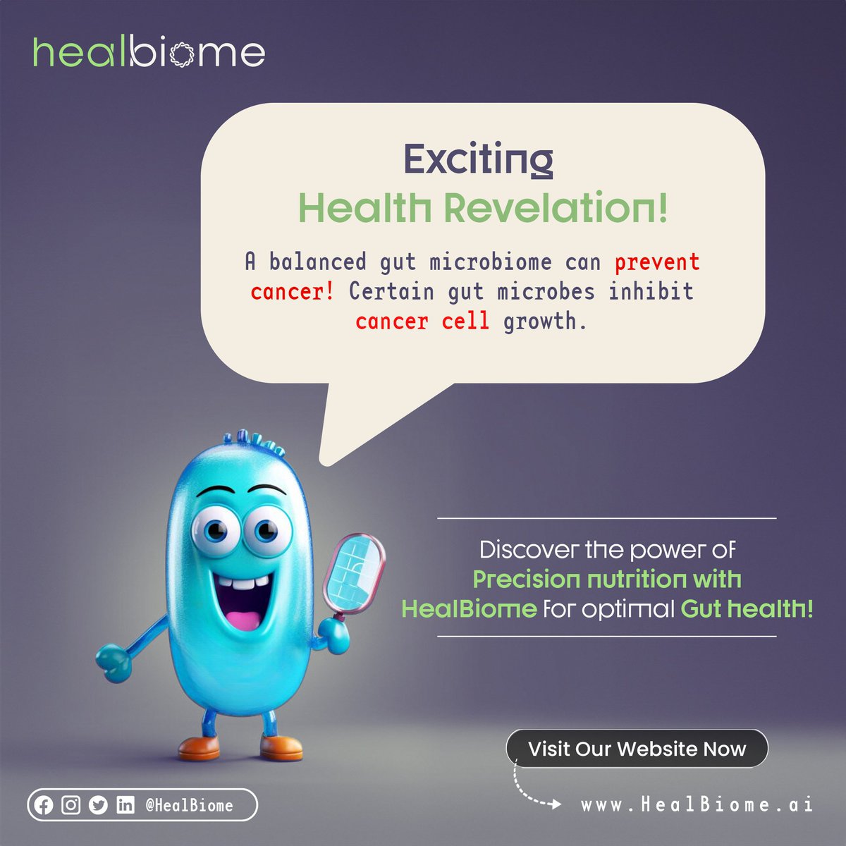 Unveil the Secret to Cancer Prevention! 🌟 Your gut microbiome holds the key to inhibiting cancer cell growth. 🦠✨ Explore the transformative power of precision nutrition with HealBiome for optimal gut health! 🌱💪  #GutHealth #PrecisionNutrition #CancerPrevention'