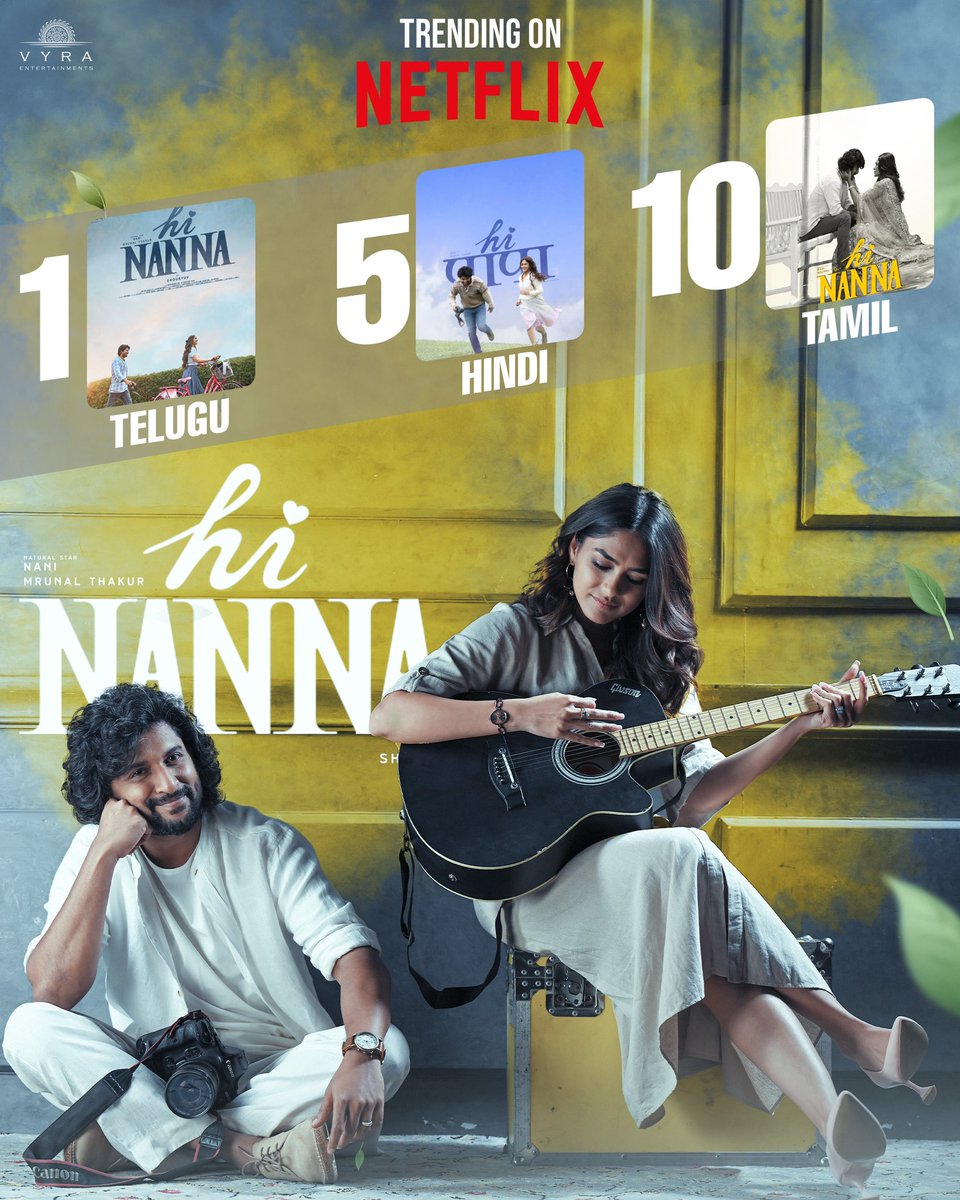 The heartwarming tale transcends languages and bringing love to every corner 😍🔥 #HiNanna is making its mark on the @NetflixIndia Trending charts! 🤘 Enjoy this blockbuster with your family at home today! 🤩 Natural 🌟 @NameIsNani @Mrunal0801 @PriyadarshiPN @shouryuv
