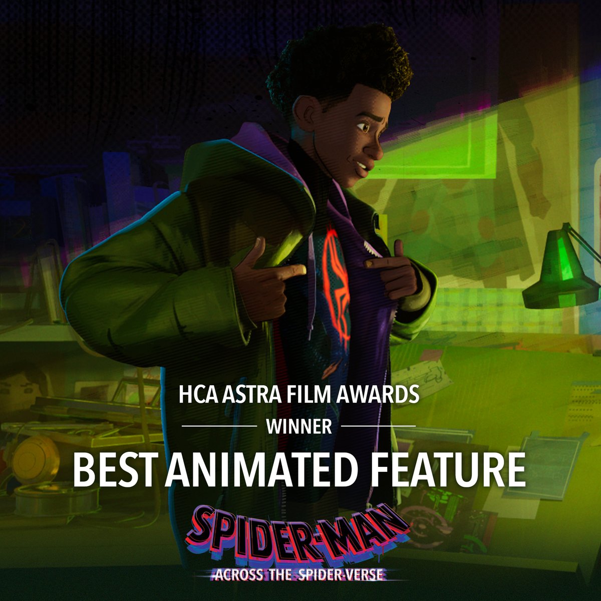 Spider-Man: Across the #SpiderVerse wins the HCA Astra Film Award for Best Animated Feature.