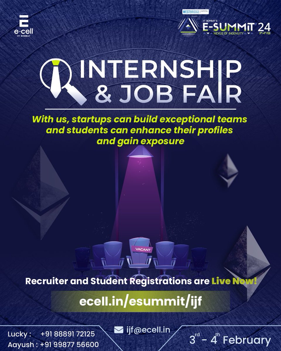 ecell_iitb's tweet photo. Are you a student looking to work at a startup and gain insight into the world of entrepreneurship? 

The Internship & Job Fair is your chance to explore the entrepreneurship ecosystem first-hand.

Register now at https://t.co/KMMb3Tac30 and grab your seat in the enthralling world of entrepreneurship.

#ijf #fair #internship #jobs #hiring #esummit #iitbombay #iitb #ecell #entrepreneurship #startupjobs #business #growth #nexus