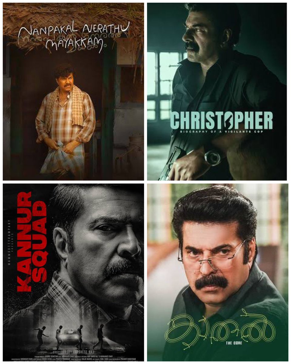 #Mammootty

The fearless actor doing such diverse roles at this stage of his career is nothing short of a remarkable feat.

He made 2023 memorable with his great performances and film choices, a bonafide legend.

#NanpakalNerathuMayakkam
#Christopher
#KannurSquad
#KaathalTheCore