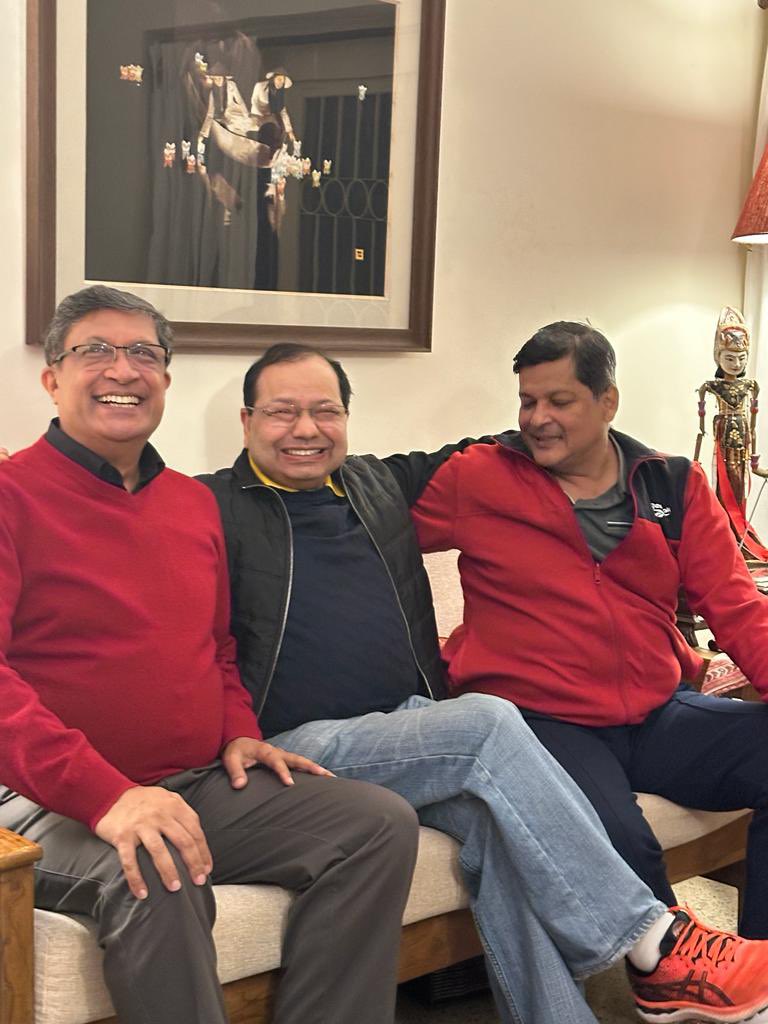 AmbSanjay_'s tweet photo. Happiness is meeting old college friends in the new year @StStephensClg
#Amlan from London, #Salim from Hyderabad and #Surajeet from Delhi, we go back 45 years and more https://t.co/KTxbvddav3