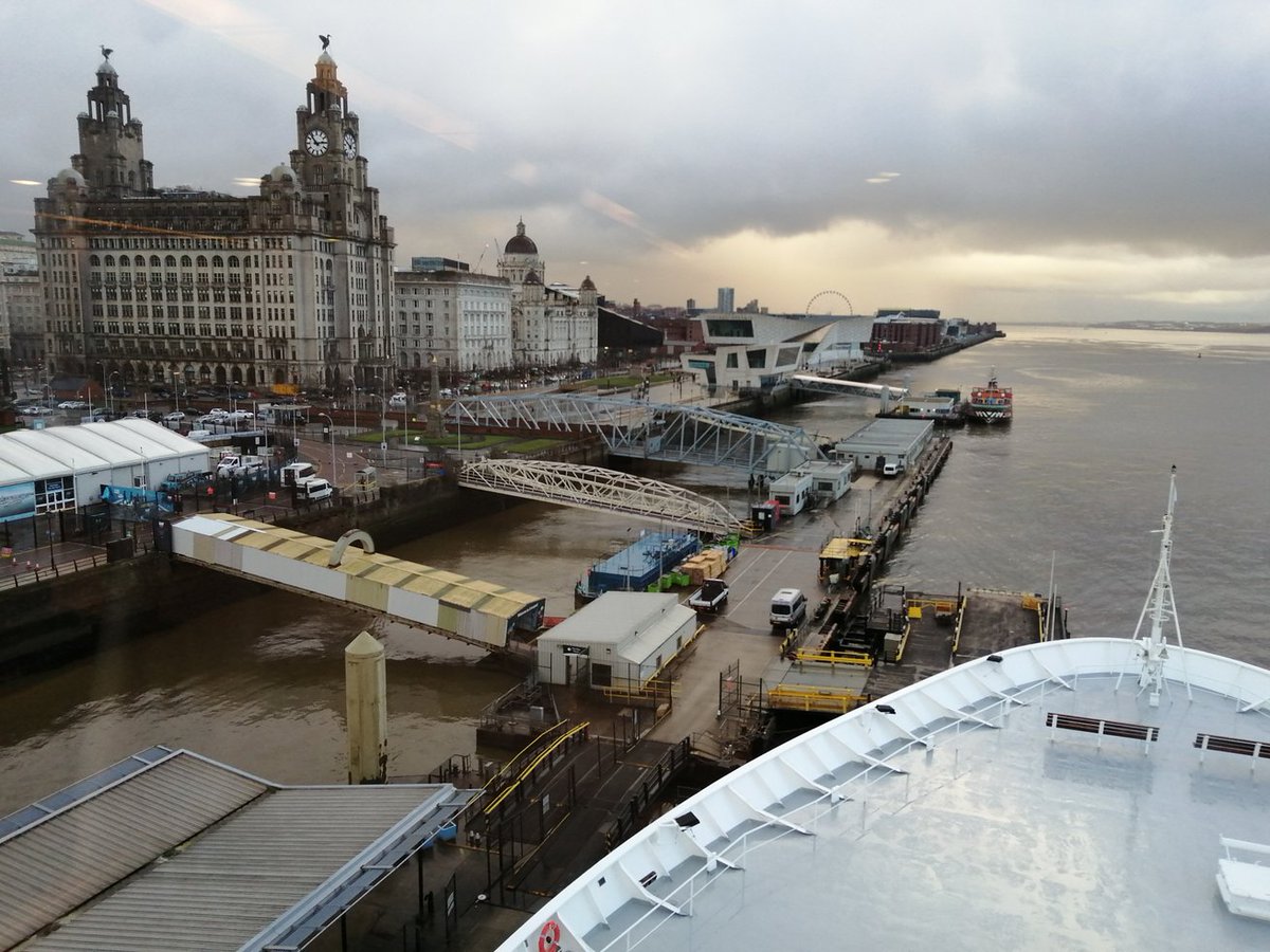 The 'never fails to impress' Liverpool waterfront from the bow of Fred Olsen Cruise Lines MS Borealis prior to her second ever world cruise from the city. #fredolsencruiselines #elsonshippinglines.com #Liverpool #worldcruise #MSBorealis #liverpoolcruiseterminal