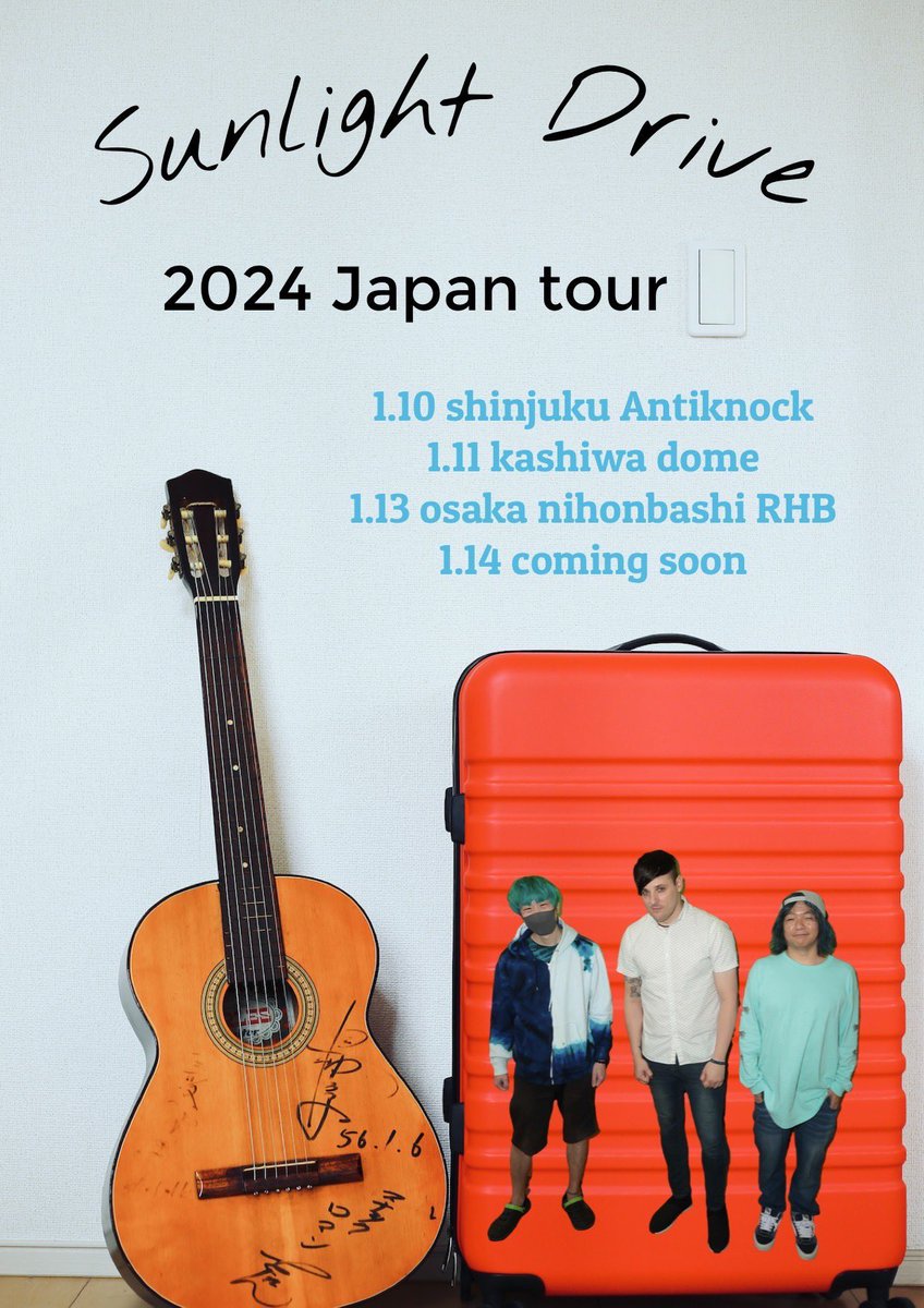 WaitforSunlight's tweet photo. あと4日に迫るSunlight Records tour🔥
みなさまよろしくお願いします👍

今年はいろいろあるけれど
みんなの笑顔が最高な力になると思います！

そして最高な日本の力にしましょう👍
1/10 新宿アンチノック
1/11 柏Dome
1/13 大阪RHB
1/14 横須賀かぼちゃ屋

ご予約はHPにて

https://t.co/26ODVGtCoT https://t.co/YSBfJ5c5jH