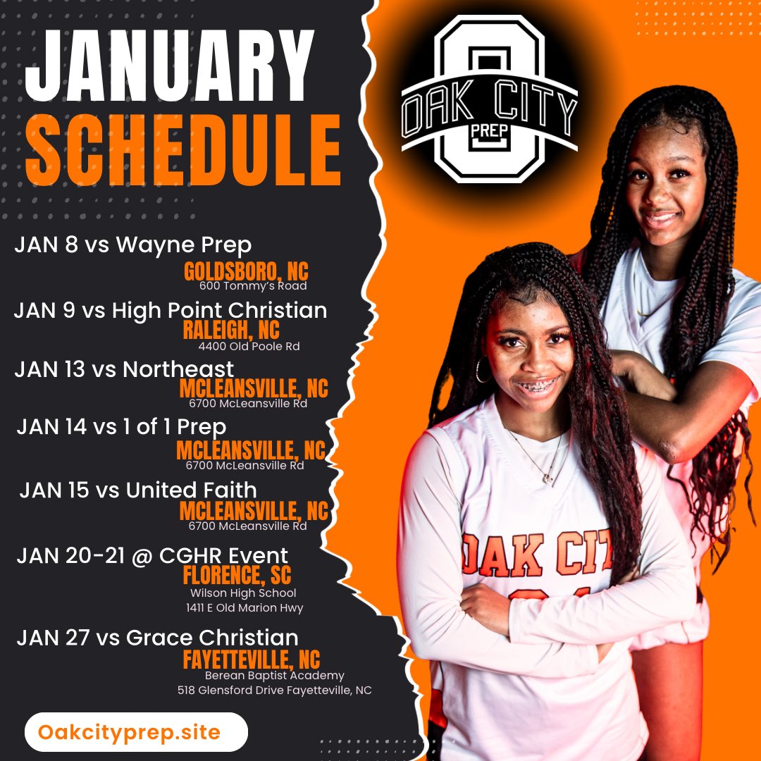 OakCityPrep's tweet photo. Oak City Prep is setting the bar high in our first year with a fiercely competitive schedule! Excited to unveil our January updates for fans and coaches. Your continued support fuels our journey. #OakCityBasketball #FirstYearSuccess #GratefulForSupport π https://t.co/bdg3fDdEJK