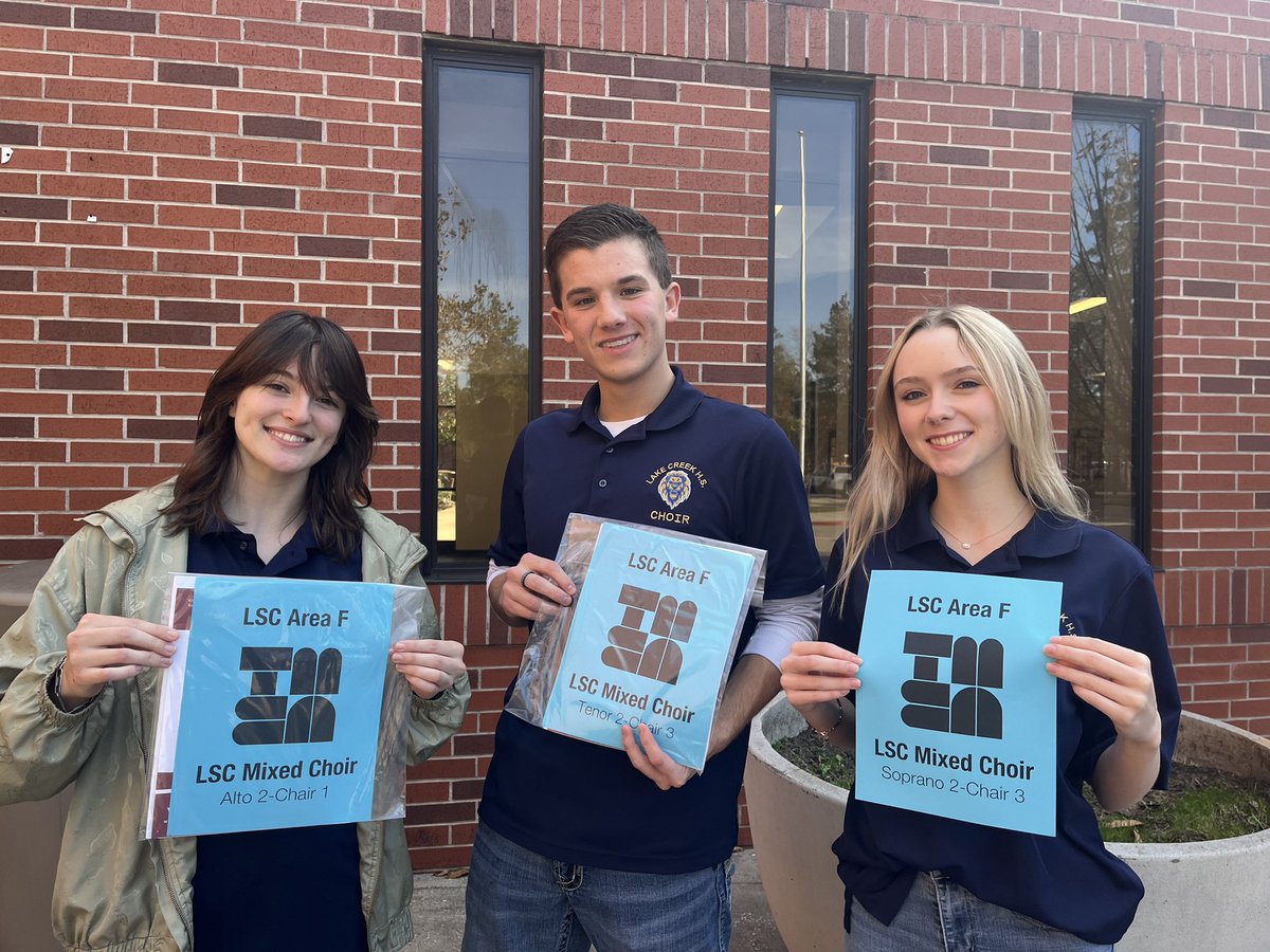 Please join us in congratulating Kenny, Molly, and Zoe for earning a spot in the All-State Mixed Choir! Kenny and Molly both received 3rd chair spots and Zoe received 1st chair. This is a huge accomplishment and we are SO proud of them!! <a href="/LakeCreekHS/">Lake Creek High School</a> <a href="/LakeCreekAdmin/">Lake Creek Admin</a> <a href="/LClionsPTO/">Lake Creek high school PTO</a>