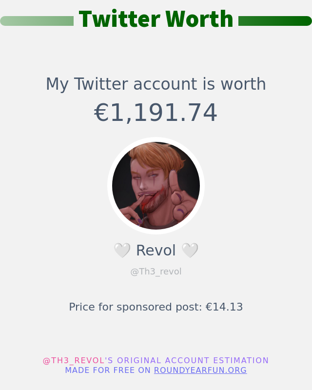 Mi valor en Twitter es de: €1,191.74

➡️ funxgames.me/twitterworth?l…