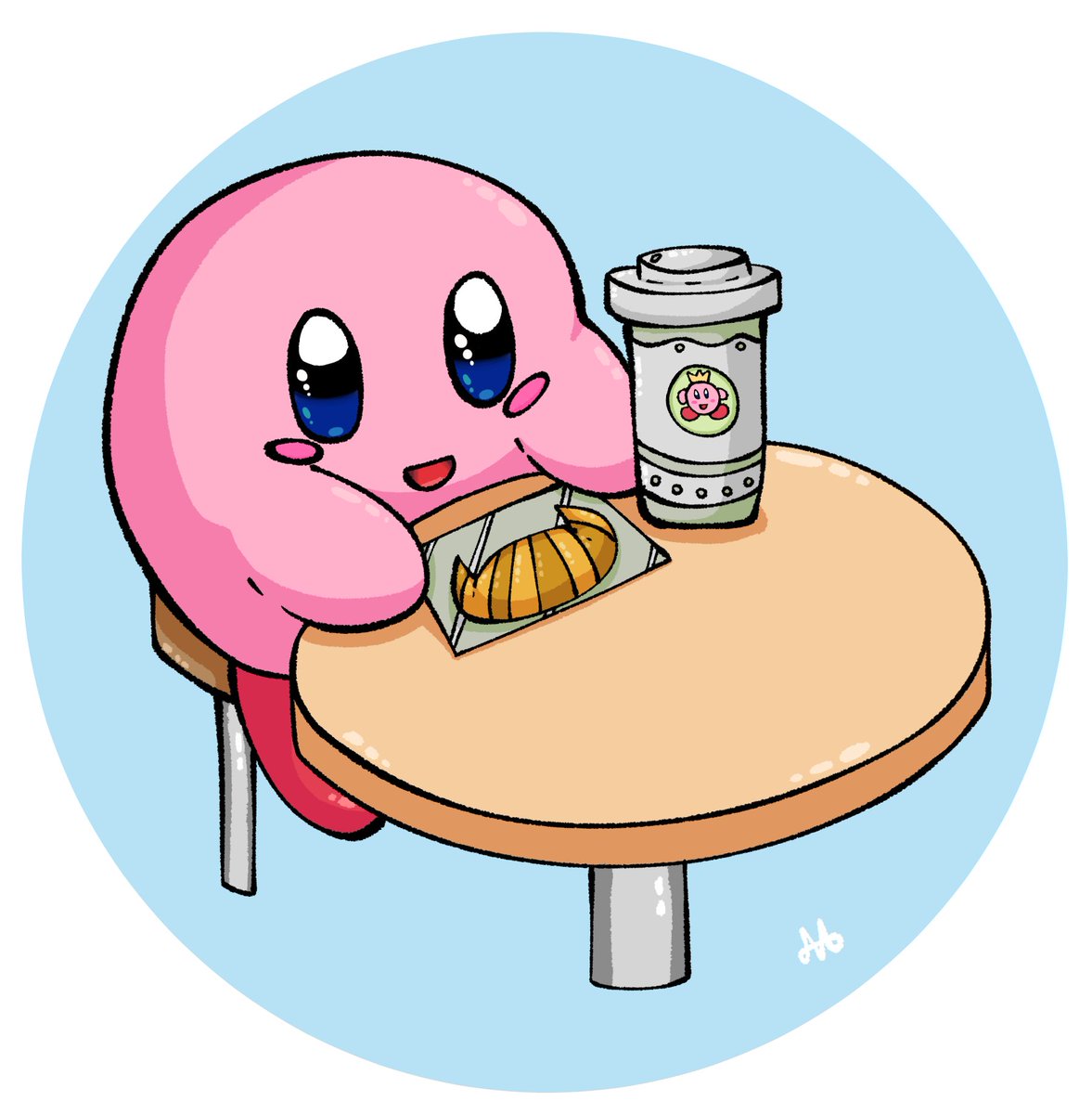 Design3DS's tweet image. Quick little drawing to start the year with the round pink boi getting his morning kirbobuck&apos;s

#KIRBY 
#カービィ