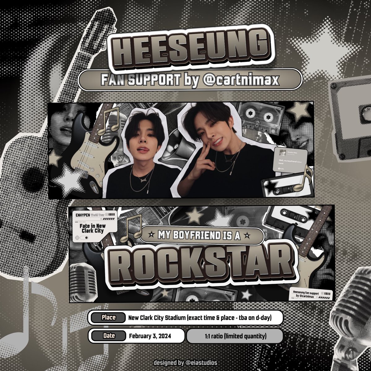 cartnimax's tweet photo. — my boyfriend is a rockstar ☆
#heeseung fan support by cartnimax

✮ like, repost, follow (for updates)
✮ strictly 1:1 ratio
✮ on the spot trades only !

get a random hee sticker if you show proof on d-day ! see you there, engenes ✮

‧₊˚🎵✩ ₊ #FATE_IN_NEWCLARKCITY🎸 https://t.co/SSjrJUdlUC