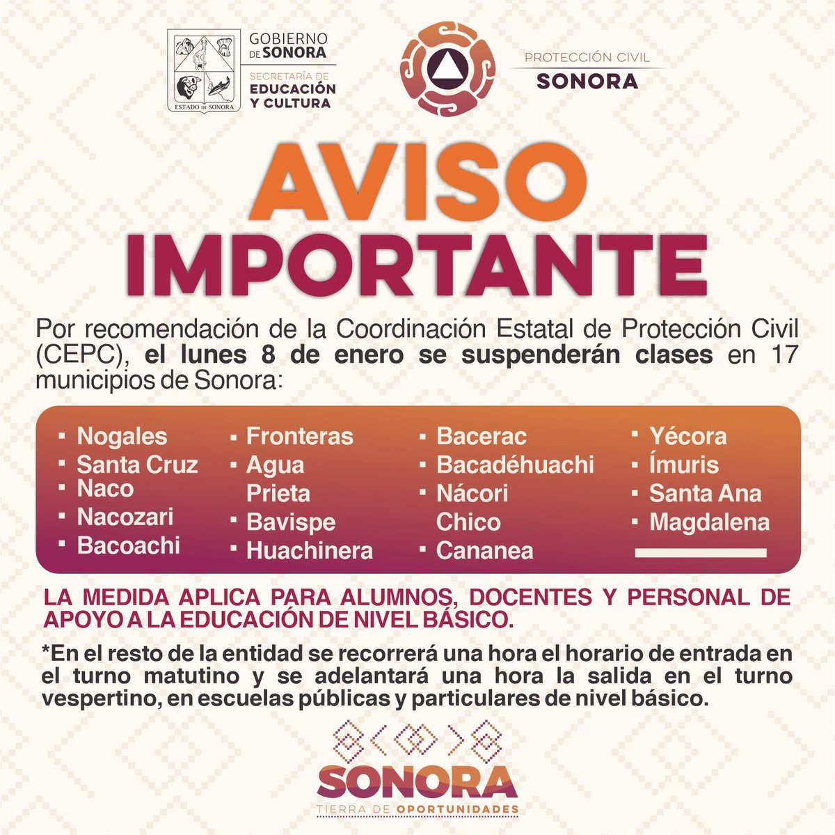 SECSonora's tweet photo. 📣 Por recomendación de la Coordinación Estatal de Protección Civil (@cepcsonora), el lunes 8 de enero se suspenderán clases en 17 municipios de Sonora,

➡️ 1/2 https://t.co/LS2WA5vXSu