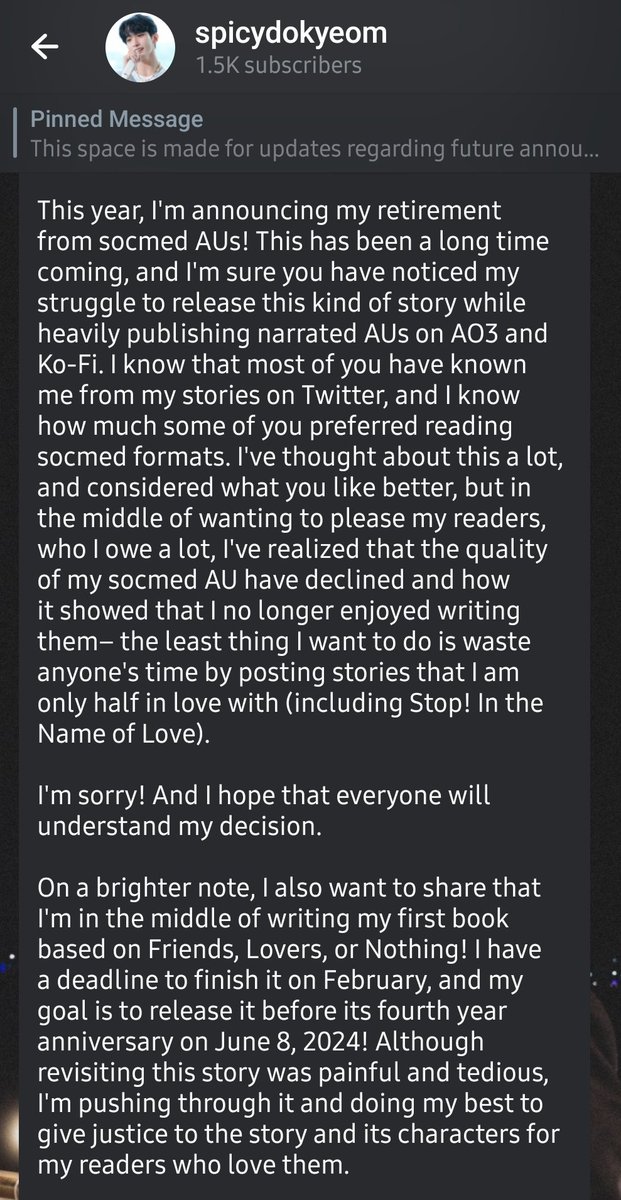 spicydokyeom's tweet photo. my 2023 year-end announcements (since not everyone's in the tg channel) – im sorry to everyone waiting for stop! (in the name of love)'s updates, but the au will be discontinued. 🙏 https://t.co/KVu4F6XFTm