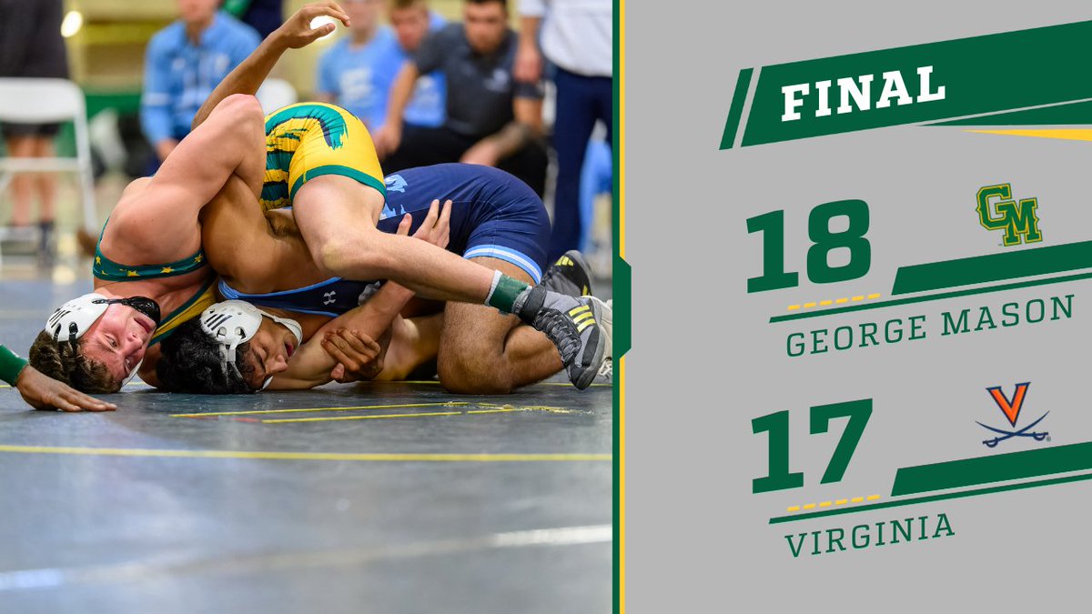 GMUWrestling's tweet photo. Patriots Win! 
Mason breaks UVA's 10-match win streak against the Patriots. 
#BeUncommon 

https://t.co/0rrfB3acNF https://t.co/rZRyqURggP