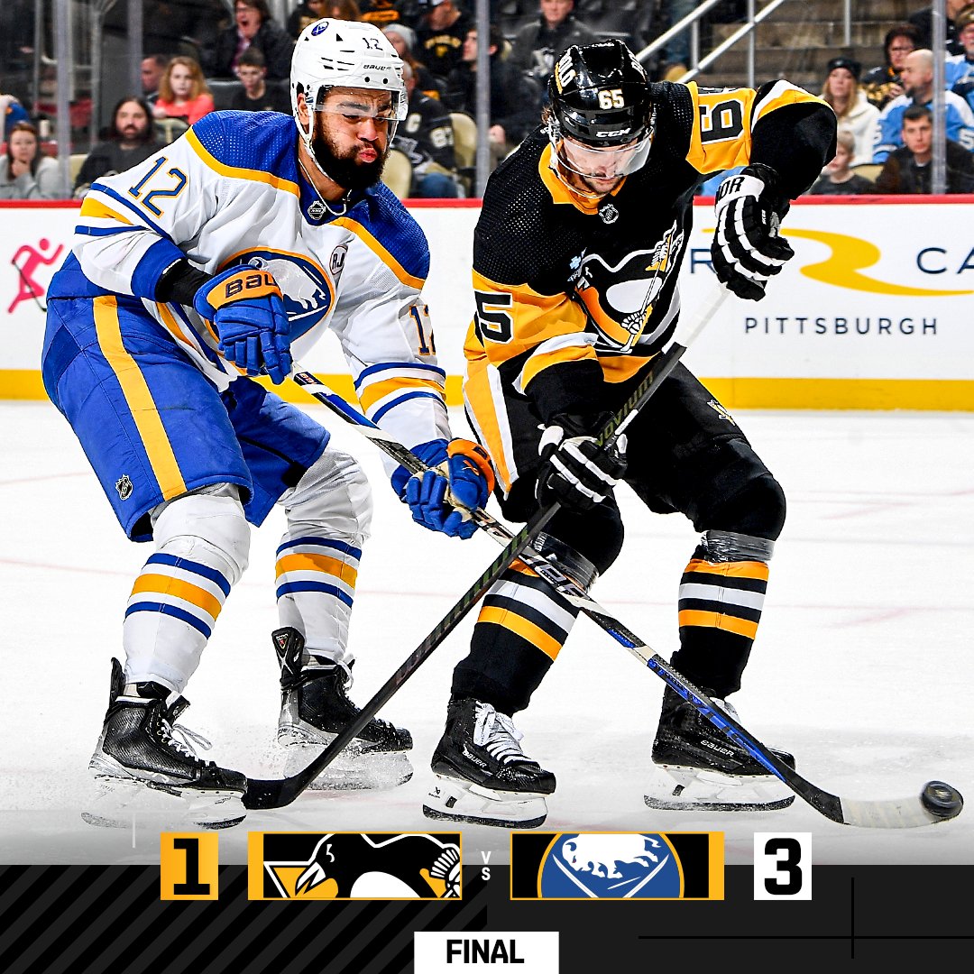 penguins's tweet photo. The Penguins fall to the Sabres at home, 3-1. https://t.co/OWPj2jtnfa
