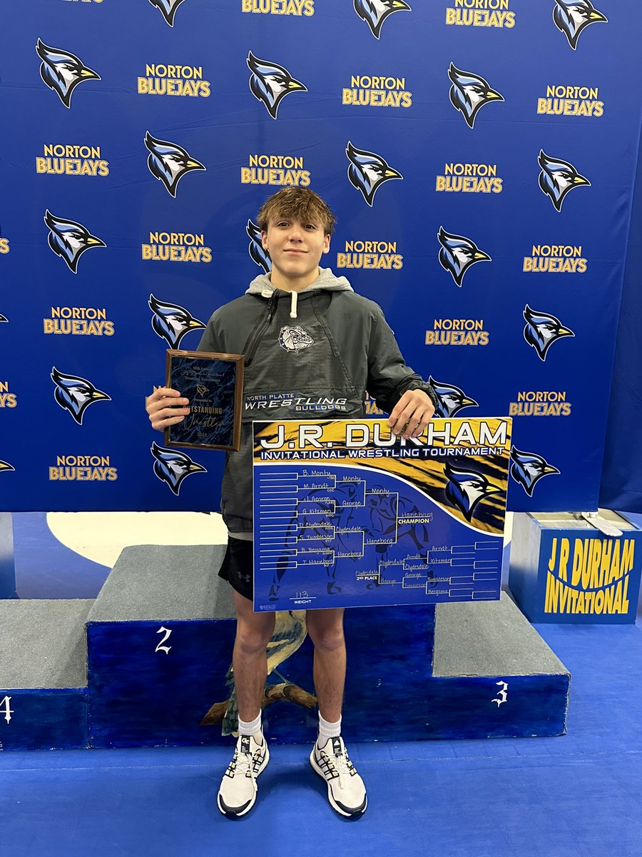 Congratulations Tyler Haneborg (North Platte) on winning the JR Durham Invite Championship at 113. He defeated Kansas State Champ, Brogan Monty by fall. It was Monty’s first loss in his high school career. Haneborg also won the tournaments outstanding wrestler award.