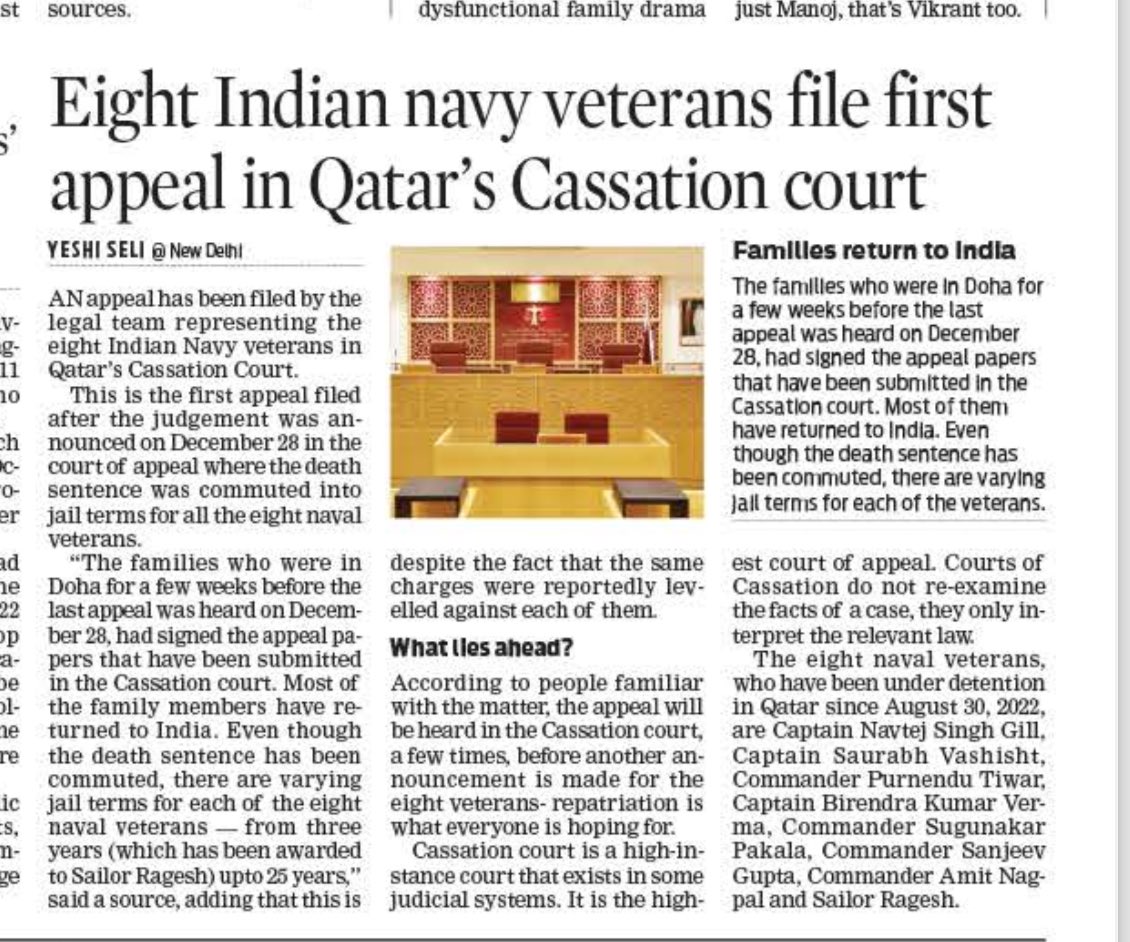 YeshiSeli's tweet photo. Exclusive:
First appeal has been filed in the Court of Cassation in Doha, on behalf of the 8 Indian naval veterans in Qatar. Cassation Court is the highest court in Qatar and after the death penalty was commuted to jail terms for these 8, hopes have been revived for their repatriation @NewIndianXpress @MEAIndia @IndEmbDoha @indiannavy @IndiannavyMedia @santwana99 @manojksonthalia