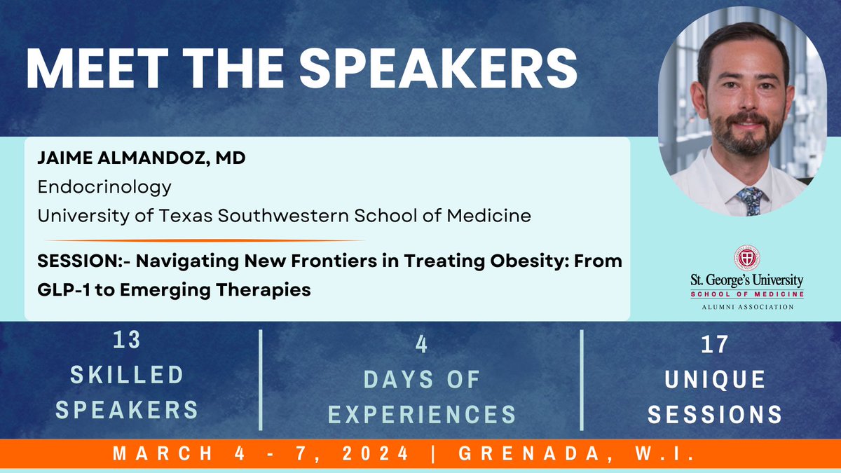 Meet the speakers of #theartofmedicine 2024! 

<a href="/JaimeAlmandoz/">Jaime Almandoz, MD MBA FTOS</a> will be presenting a session titled Navigating New Frontiers in Treating Obesity: From GLP-1 to Emerging Therapies.

👉 Register &amp; Learn more: bit.ly/theartofmedici…

#sgusomaa #puregrenada #Conference2024 #CME
