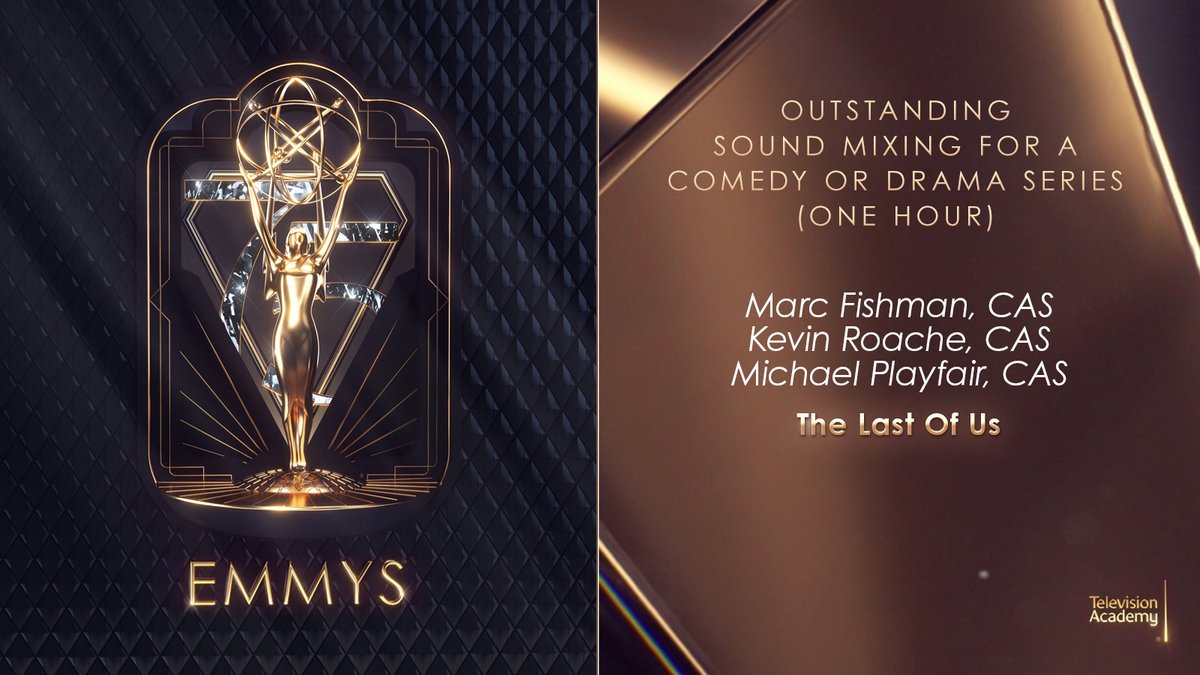 Congratulations are in order for Marc Fishman, Kevin Roache, and Michael Playfair who just won the #Emmy for Outstanding Sound Mixing for a Comedy or Drama Series (One Hour) for their work on @TheLastofUsHBO (@HBO/@streamonmax)! #Emmys #75thEmmys