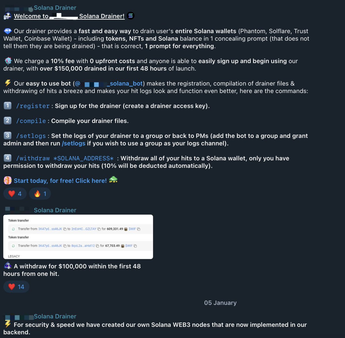 MangoFarm frontend compromised. This reminds us that we saw Angel Drainer  appear on a Solana Wallet Drainer channel about one week ago. Angel Drainer  often appears in attacks on frontend hacks on