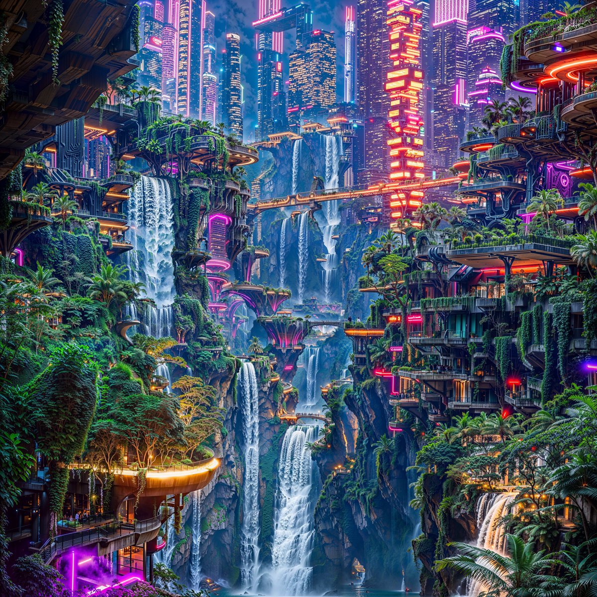 I used Midjourney v6 to create cyberpunk versions of famous ancient places. The results are incredible.

1. The Hanging Gardens of Babylon