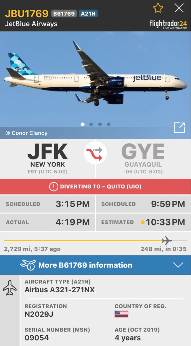 Jay7355's tweet photo. @flightradar24 Do you have a reason if possible as to why JetBlue 1769 is diverting to UIO? https://t.co/9xModC4Cu7