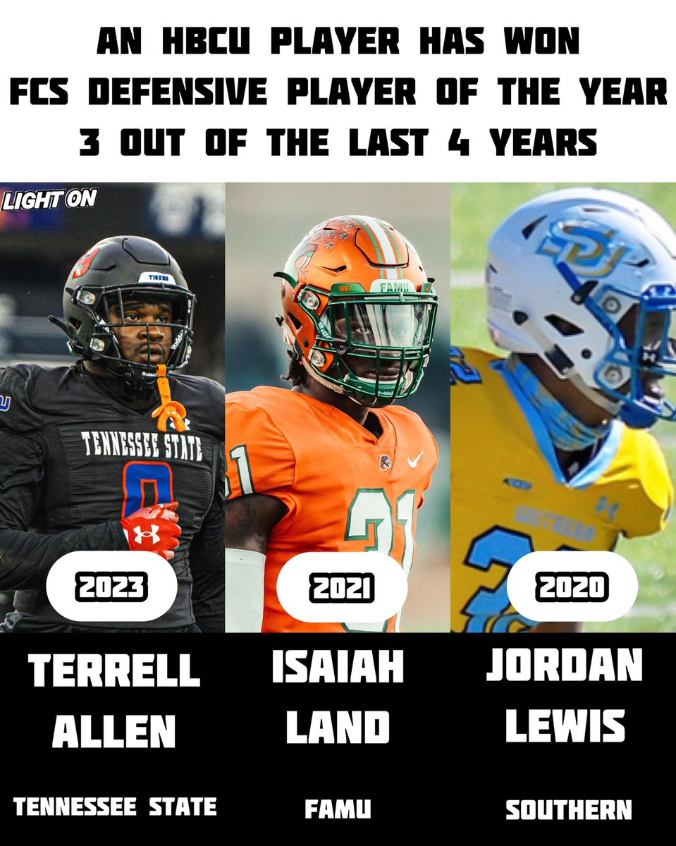 LightOnSports's tweet image. An HBCU player has won FCS Defensive Player of the Year 3 out of the last 4 years 🏆🔥

2023: Terrell Allen, Tennessee State 
2021: Isaiah Land, FAMU
2020: Jordan Lewis, Southern

@T3RR3LL_ALL3N @IsaiahLand716 

📸: @TSUTigersFB @FAMU_FB @GeauxJags