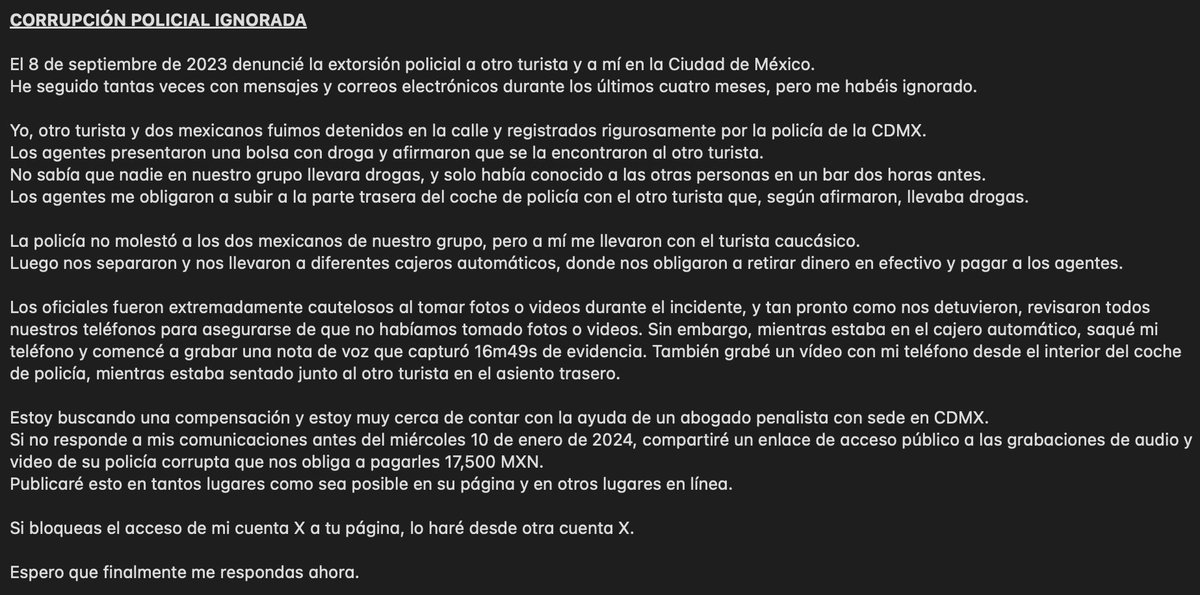 Lavinator67's tweet photo. @PDI_FGJCDMX @FiscaliaCDMX CORRUPCIÓN POLICIAL IGNORADA

El 8 de septiembre de 2023, denuncié la extorsión policial en la Ciudad de México.

He seguido tantas veces con mensajes y correos electrónicos durante los últimos cuatro meses, pero me habéis ignorado.

Lea el documento adjunto y por favor responda. https://t.co/AROpo9xssj