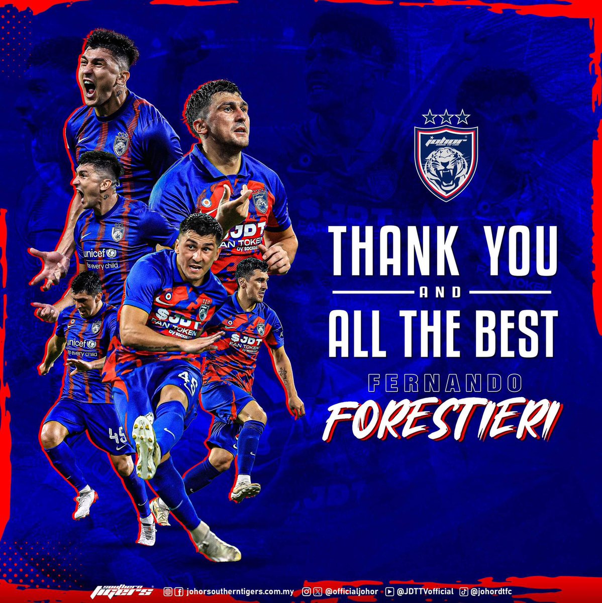 OfficialJohor's tweet photo. THANK YOU AND ALL THE BEST FERNANDO FORESTIERI!

Johor Darul Ta'zim FC  (JDT) would like to thank Fernando Forestieri for his contribution to the Southern Tigers since joining the club at the start of the 2022 season.

The forward was part of the Southern Tigers squad that won a historic double quadruple in 2022 and 2023. He scored 47 goals and made 21 assists in 69 appearances for JDT.

All the best, Forestieri!

Hidup Johor Demi Johor
#WhatCanYouDo
#TheTMJeffect
#HarimauSelatan
#SouthernTigers
#PermataSelatan
#JewelOfTheSouth
#JDTuntukSemua
#JDTforAll