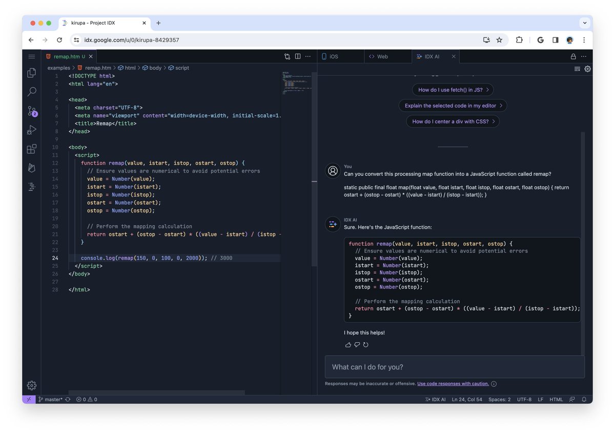 At this point, I have no idea how I lived without #AI coding assistance during development!

#projectidx's AI made converting #processing's map function into JavaScript almost trivial.