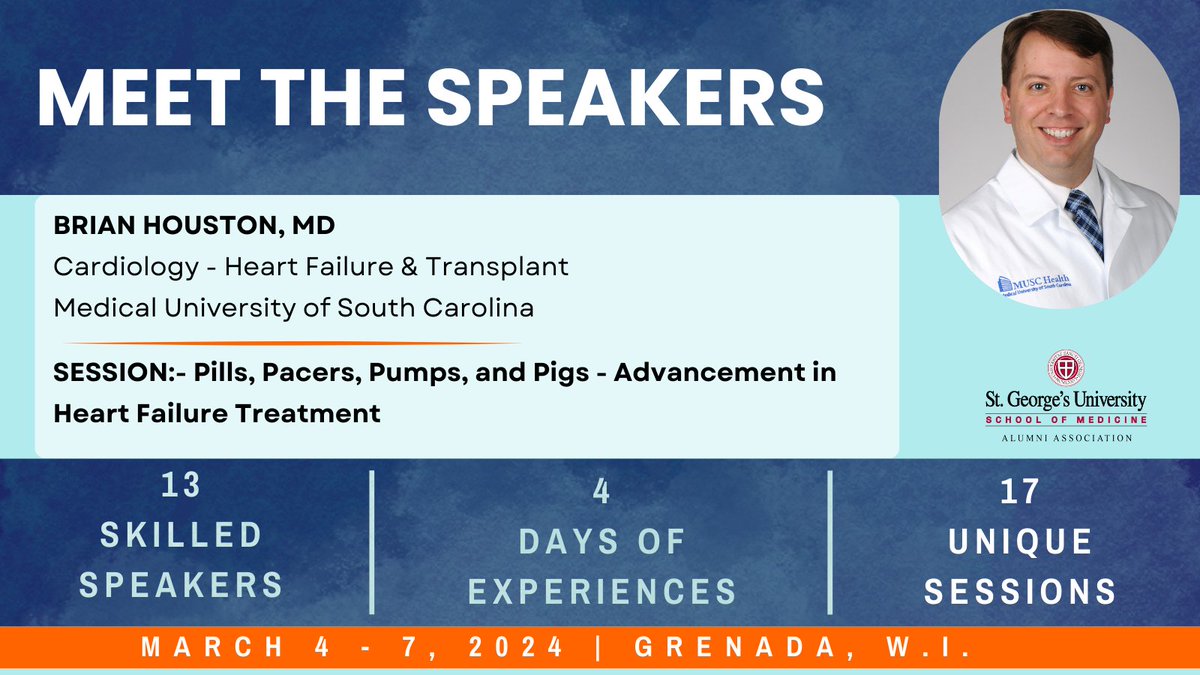 Meet the speakers of #theartofmedicine 2024! 

@Brian_Houston12 will be presenting a session titled Pills, Pacers, Pumps, and Pigs - Advancement in Heart Failure Treatment.

👉 Register &amp; Learn more: bit.ly/theartofmedici…

#sgusomaa #puregrenada #Conference2024 #CME