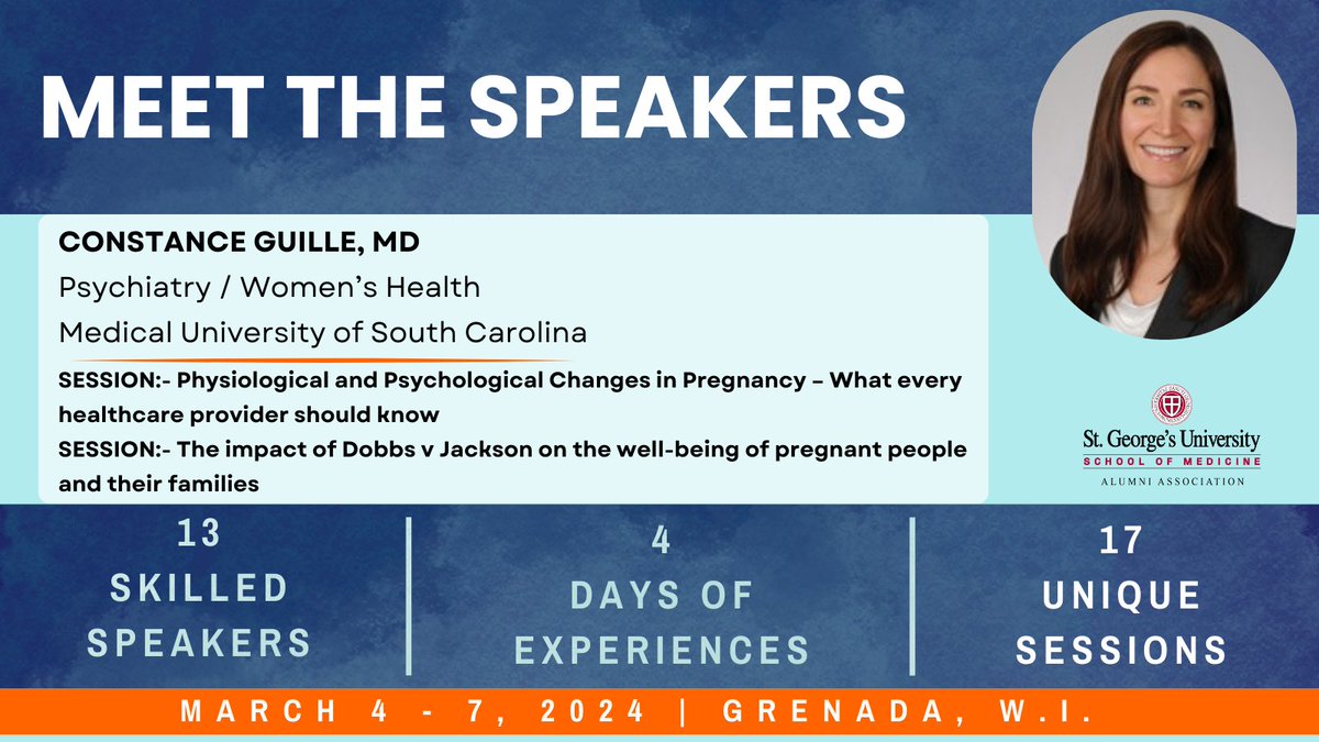 Meet the speakers of #theartofmedicine 2024! 

Dr. Constance Guille will be presenting two sessions, including The Impact of Dobbs v Jackson on the Well-being of Pregnant People and their Families.

👉 Register &amp; Learn more: bit.ly/theartofmedici…

#sgusomaa #puregrenada #CME