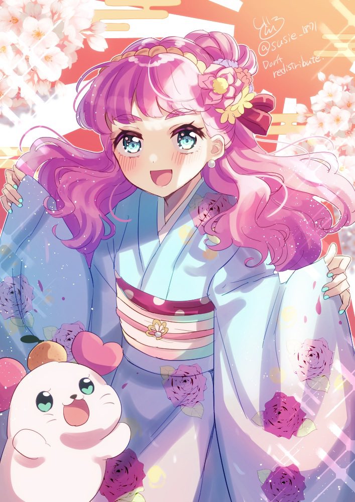 laura la mer 1girl japanese clothes kimono smile pink hair long hair open mouth  illustration images