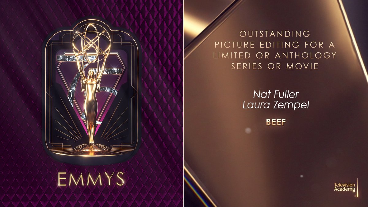 The #Emmy for Outstanding Picture Editing for a Limited or Anthology Series or Movie goes to Nat Fuller and @LauraZempel for BEEF (@Netflix)! 🌟 #Emmys #75thEmmys