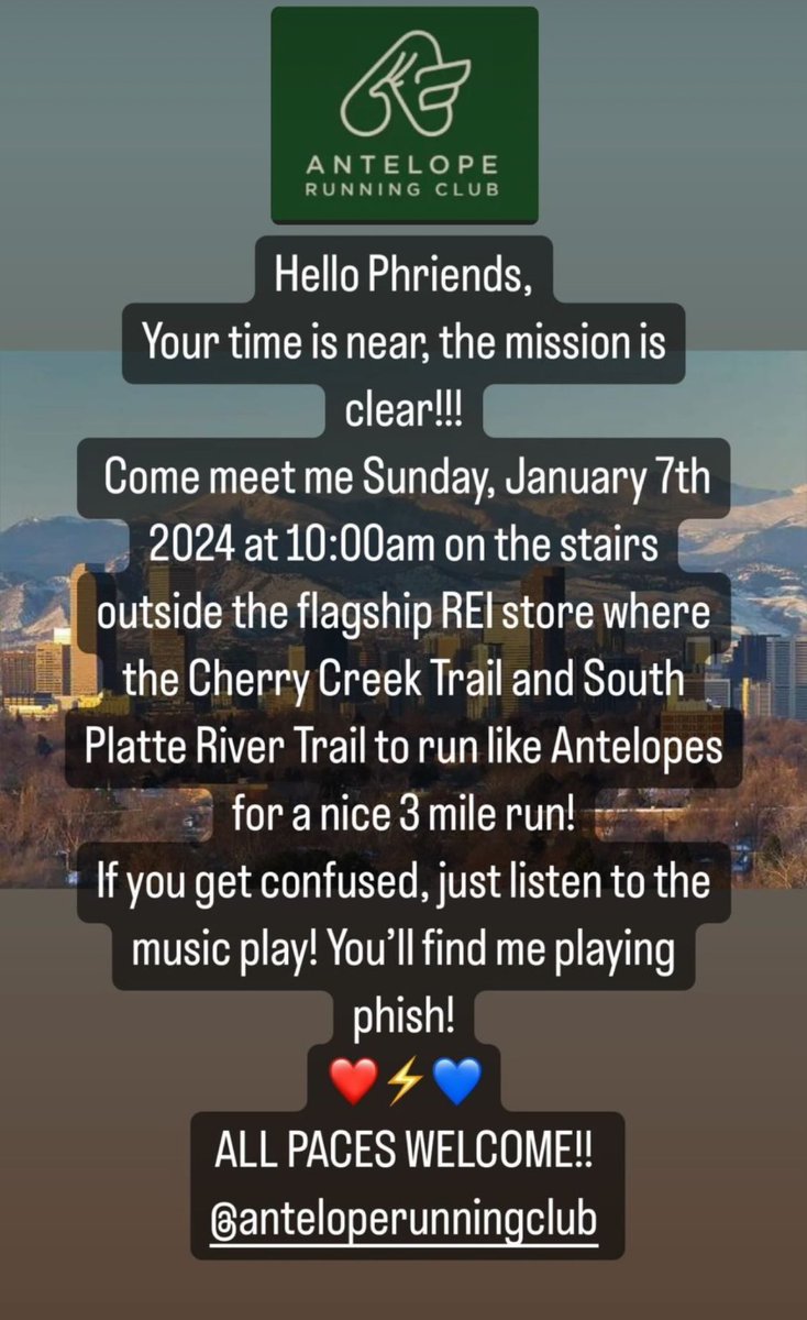 AntelopeRunClub's tweet photo. Antelope Running Club is starting weekly runs in Denver. Thanks Leah for hosting! Please join us for some miles! https://t.co/Fu5Nsa1ZRp