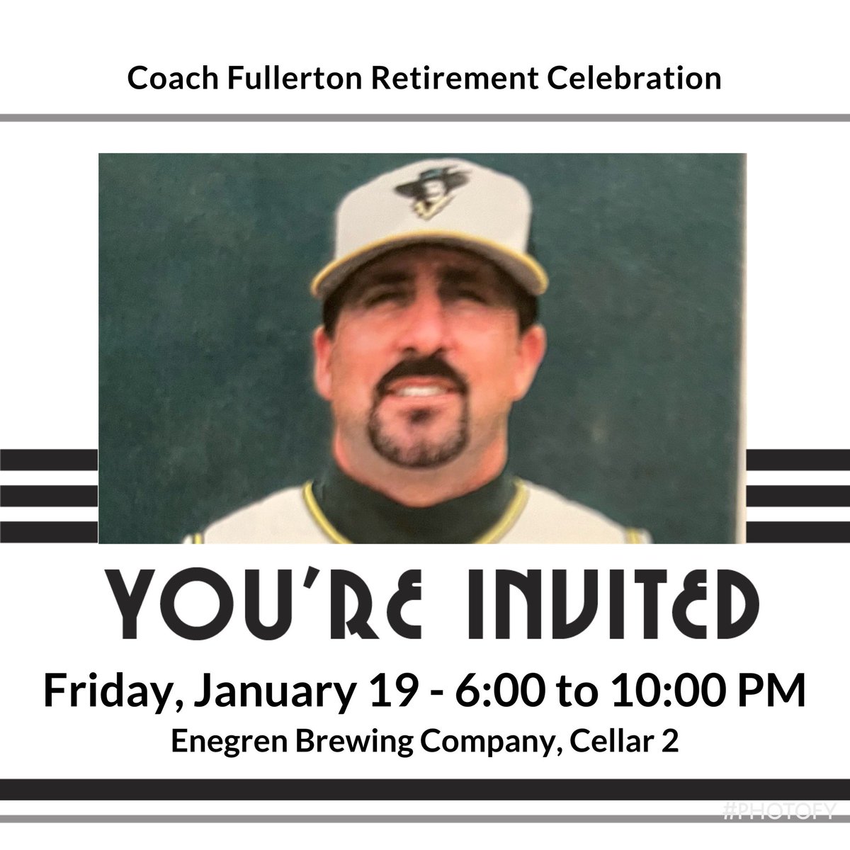 Come out to <a href="/EnegrenBrewing/">Enegren Brewing</a> on Friday, January 19th and help us celebrate <a href="/coachfully22/">Scott Fullerton</a> baseball coaching retirement! Can’t make it? Send Burch an email at dburch1523@gmail.com and we’ll compile your message for him! Let’s show Fully how much he meant to the program! #A41
