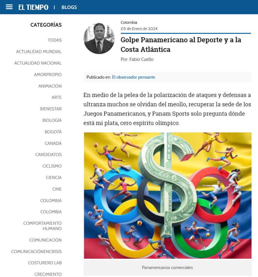 FabioCuelloC's tweet image. @ELTIEMPO #BlogsET | Lea acá &apos;Golpe Panamericano al Deporte y a la Costa Atlántica&apos; Pero también al turismo, al empleo, a la imagen, a la coherencia, al orgullo nacional, a la vida, al futuro de Colombia. Perder la realización de los juegos Panamericanos 2027 es una derrota…