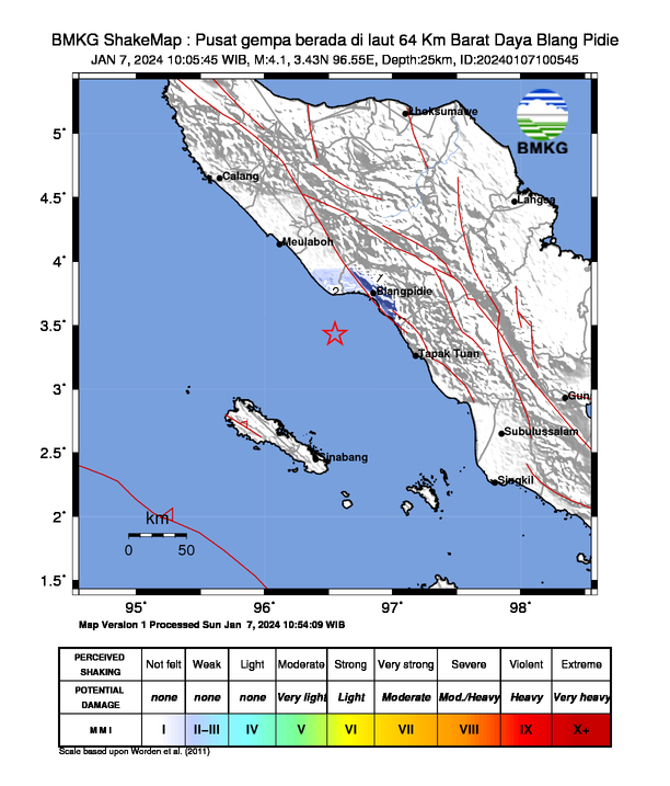 infoBMKG's tweet photo. #Gempa (UPDATE) Mag:4.1, 07-Jan-24 10:05:45 WIB, Lok:3.43 LU, 96.55 BT (Pusat gempa berada di laut 64 Km Barat Daya Blang Pidie), Kedlmn:25 Km Dirasakan (MMI) II Blang Pidie #BMKG https://t.co/AkySqzYgyT