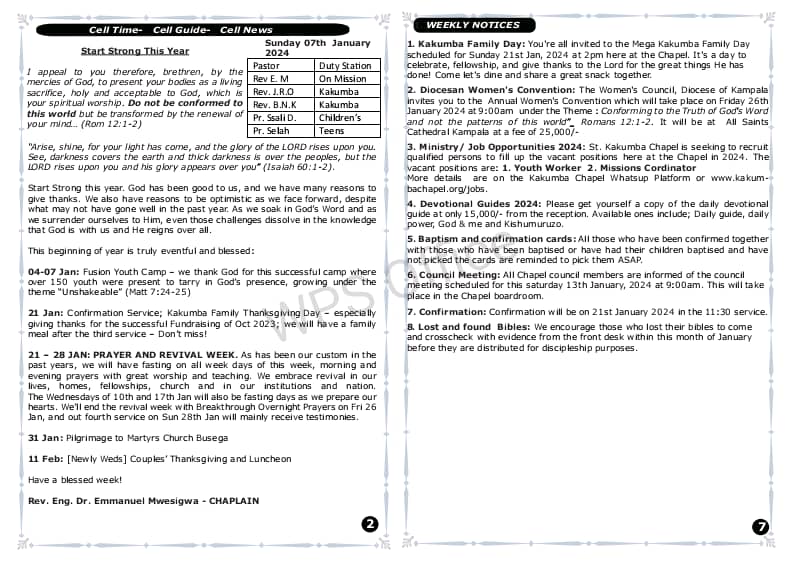 Sunday service bulletin, 7th January 2024. You are welcome to Church today!