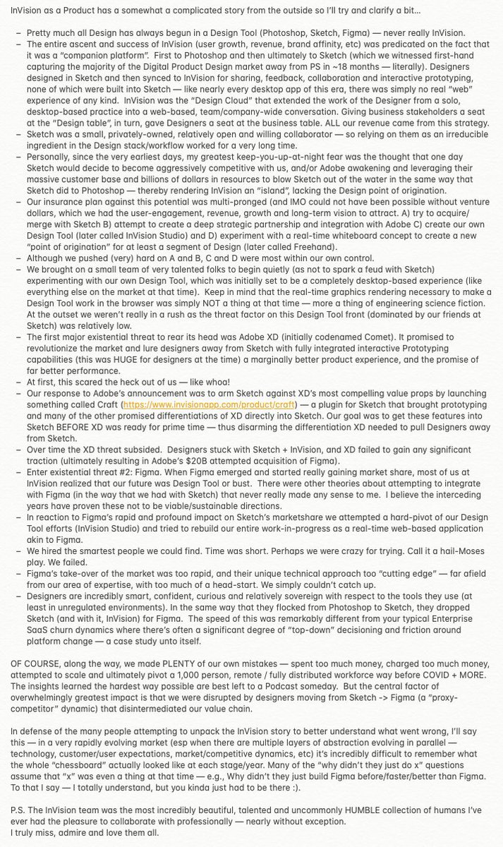 <a href="/jasonfried/">Jason Fried</a> <a href="/Kazanjy/">Peter Kazanjy</a> Hey Jason... 

"Clark from InVision" here...

I’ve been somewhat removed from the InVision business since transitioning out ~2 years ago, and this is the first time I’ve reacted to the latest news publicly.  

I'm choosing to do so here because in many ways your post is a