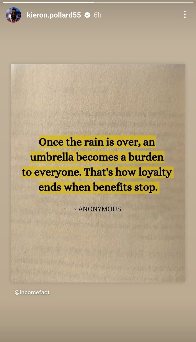 Dhwani_1997's tweet photo. #LLORD POLLARD's Insta story....
The message is crystal clear, we all know for who this is....
@mipaltan 💔
@MINYCricket @MIEmirates @MICapeTown https://t.co/FaOnsbW8Hv