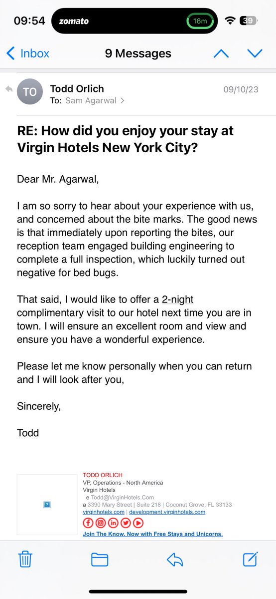 sam13agarwal's tweet photo. Worst experience at @virginhotels in New York. I had bed bug bites during my stay. Their VP of Operations Todd Orlich promised a free stay but then went silent and did not come back, despite numerous reminders. @richardbranson is this the @VirginAtlantic brand. https://t.co/DlTZ8gji4Y