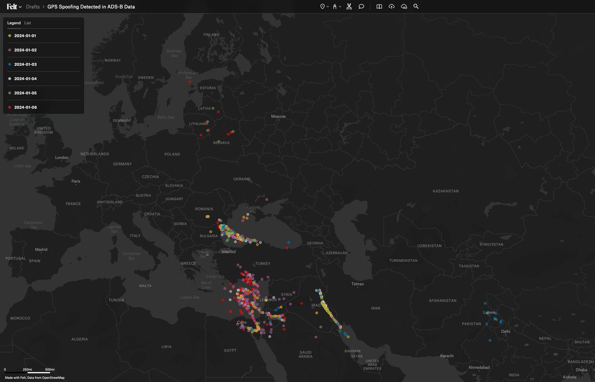 World map of GPS/GNSS spoofing, first-week-of-2024 edition (a day early). A couple observations: 1. Still a lot of spoofing in Lithuania and Latvia (on only 2 of 6 days), none in Poland or Finland. 2. Spoofing in Punjab was on only 1 day.