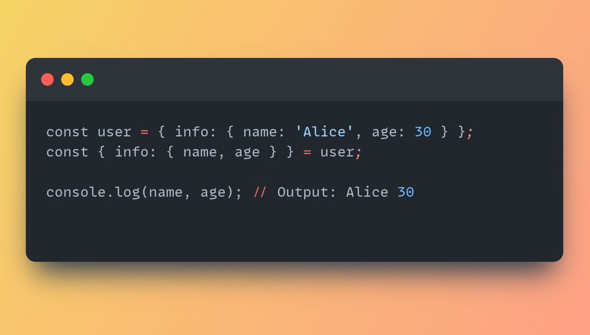 BinaryBeats__'s tweet image. 3/ 🔗 Nested Destructuring Unveiled:
You can even destructure nested objects effortlessly! 🕵️♂️ 🌐✨ #NestedDestructuring #JavaScriptMagic