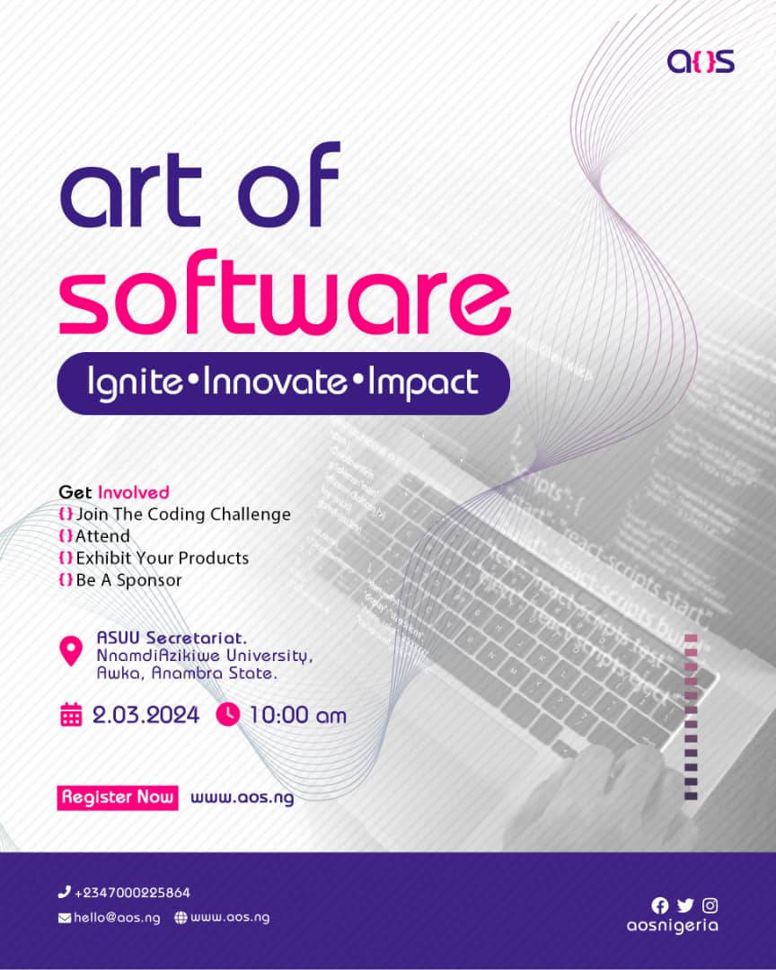Transform ideas into action! Art of Software is your platform to address local issues using technology. Showcase your coding skills and make a difference. Apply before Feb 9th! Visit aos.ng #TechForGood #SocialImpact #InnovationChallenge #aosnigeria #Software