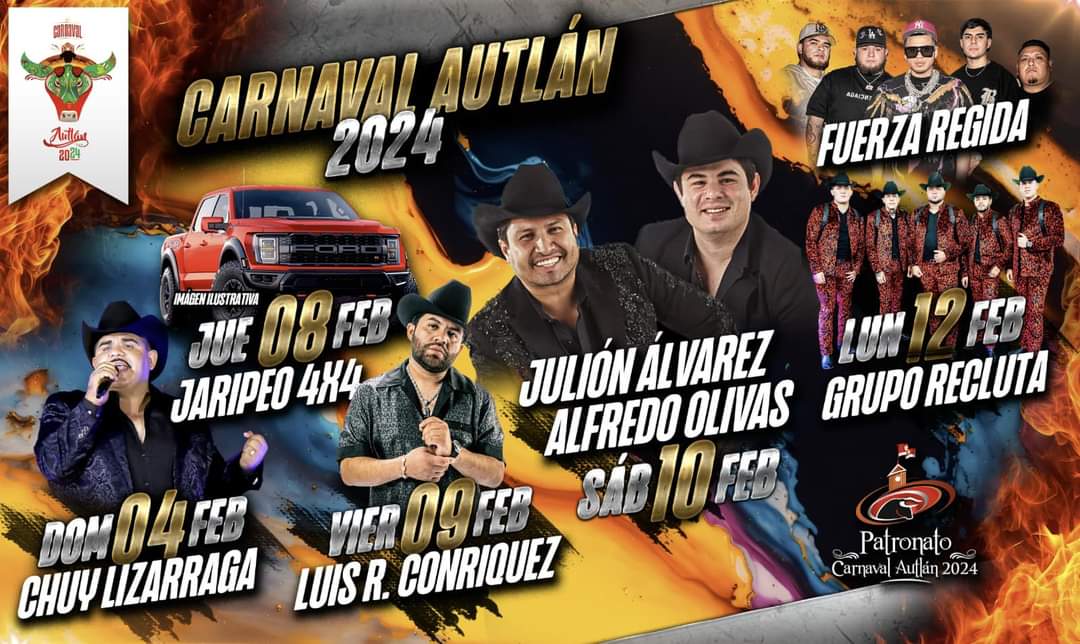 DondeHayFeria's tweet photo. ‼️CARTELAZO‼️

🎭✨️🎉Está listo el elenco que amenizará el gran Carnaval #Autlán 2024:

💠Alfredo Olivas y Julión Álvarez 
💠Fuerza Régida 
💠Chuy Lizárraga 
💠Grupo Recluta
💠La Arrolladora 
💠Espinoza Paz
💠Luis R Conríquez 
💠Banda Carnaval 
💠Fato
...
https://t.co/TwRf2tIfkx